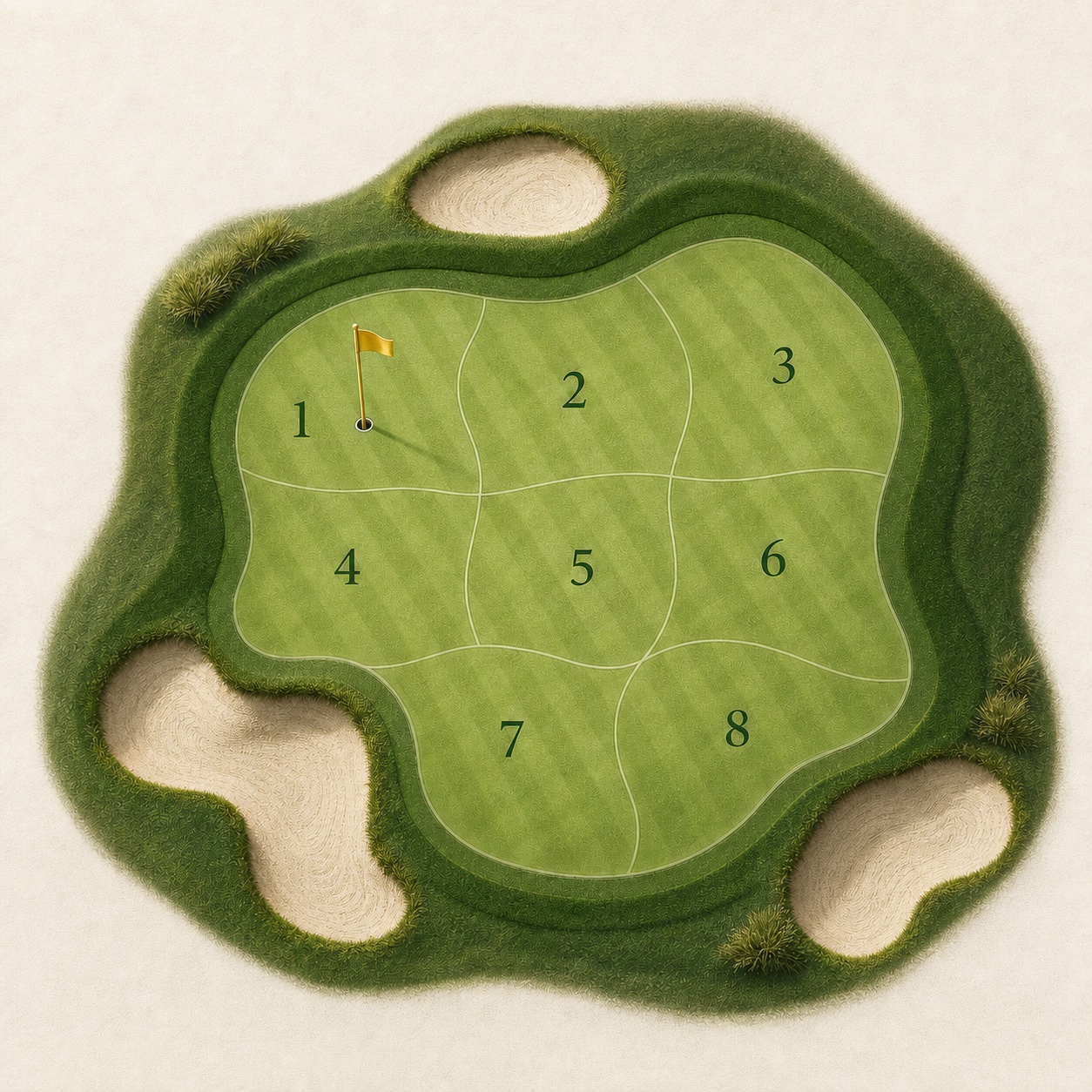 Textured putting green illustration divided into eight pin-location zones