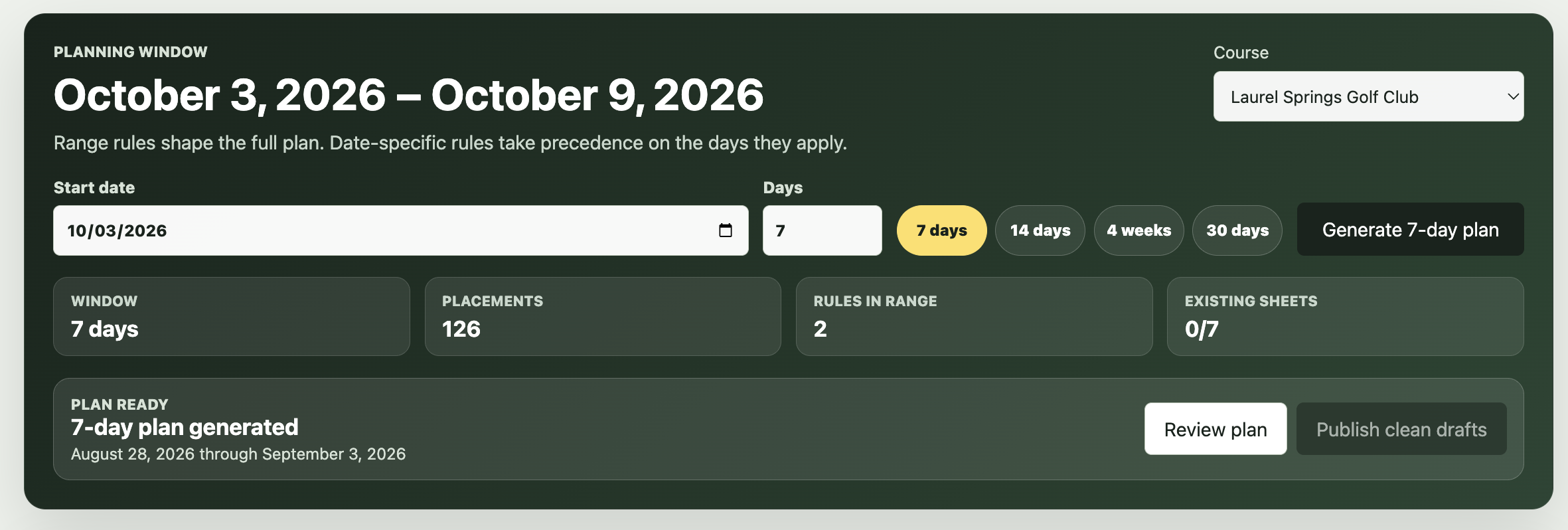 FlagIQ planning window for generating a seven-day pin location plan