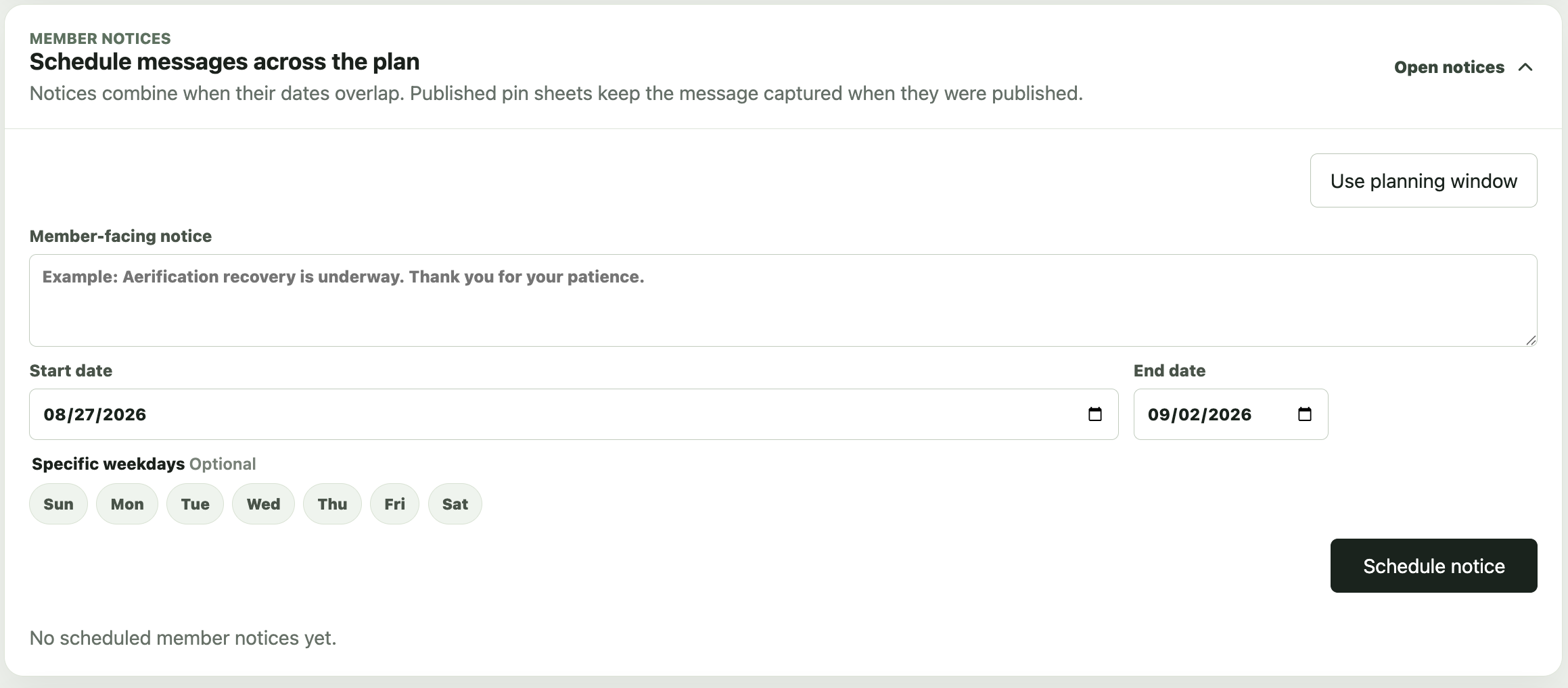FlagIQ member notice scheduler with date and weekday controls