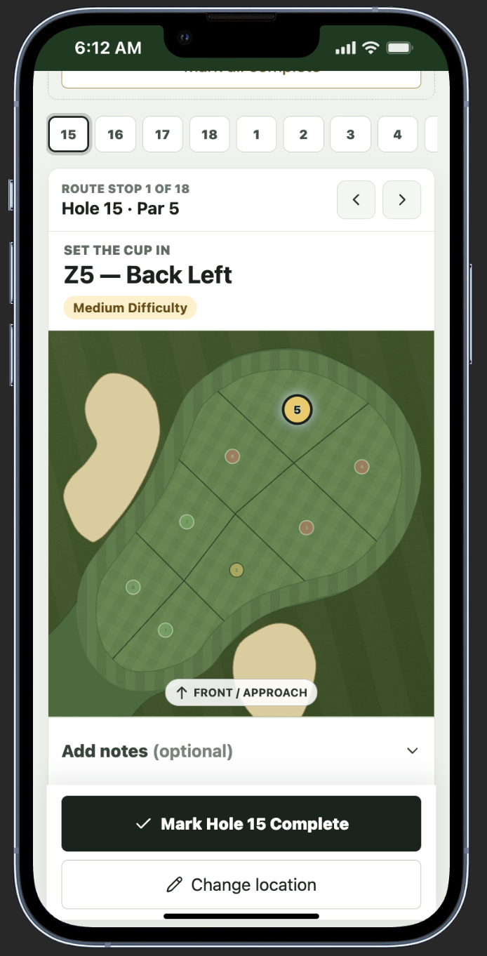 Mobile pin setter view with a precise zone and placement notes